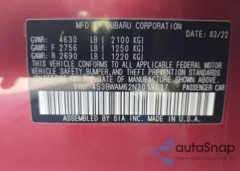 2022 Subaru Legacy Limited z USA, uszkodzony, nr VIN 4S3BWAM62N3019537